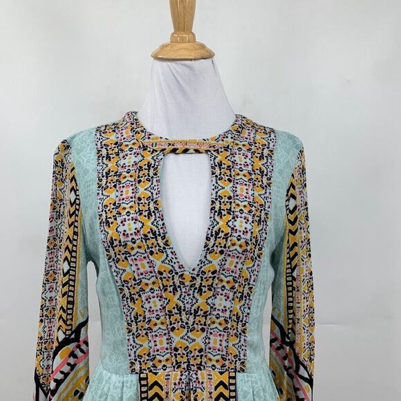 Free People Dress Womens 4 Multi Pleated Tegan Border Keyhole Bohemian Mini - Picture 3 of 16